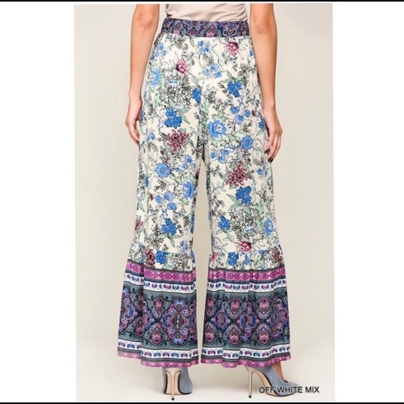 New! Sale 🔥Floral Boho Wide Leg Drawstring Tassels Tie Waist Ruffled Hem Pants - Picture 5 of 7